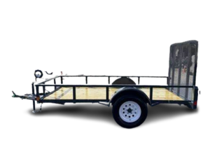 A small trailer with a wooden deck on a white background.