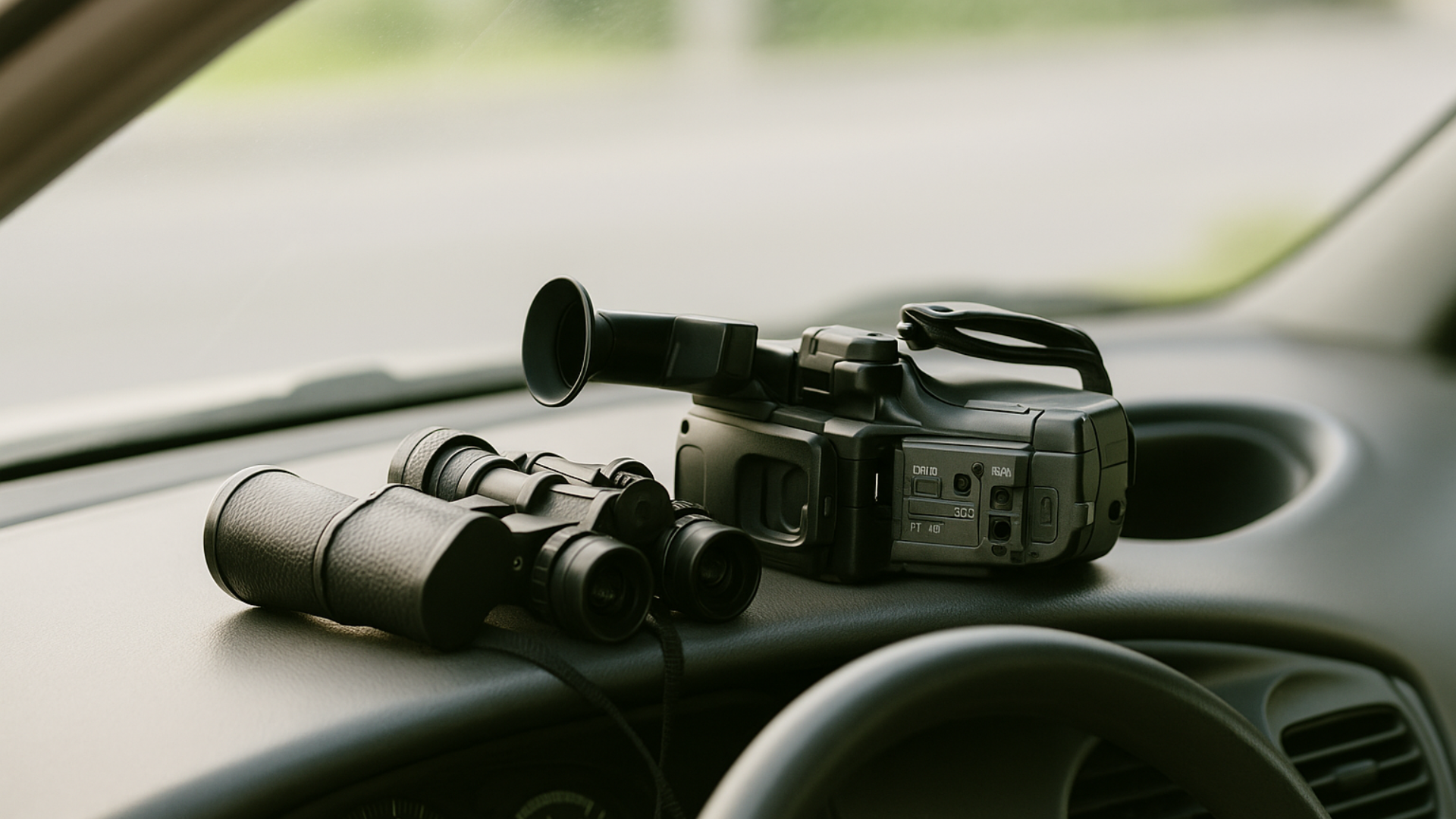 A video camera and binoculars are on the dashboard of a car