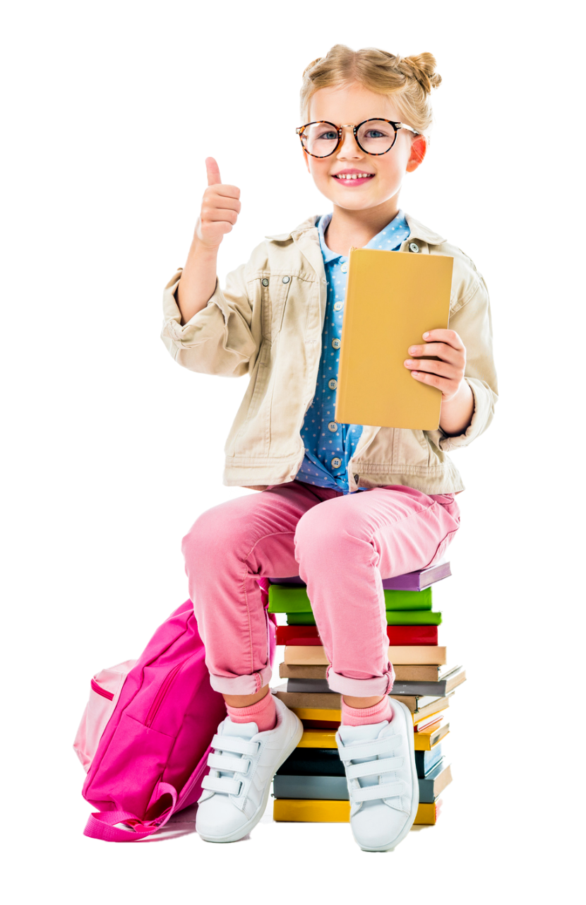Little girl sitting on the pile of books — Verona, WI — Once Upon a Time Childcare Center