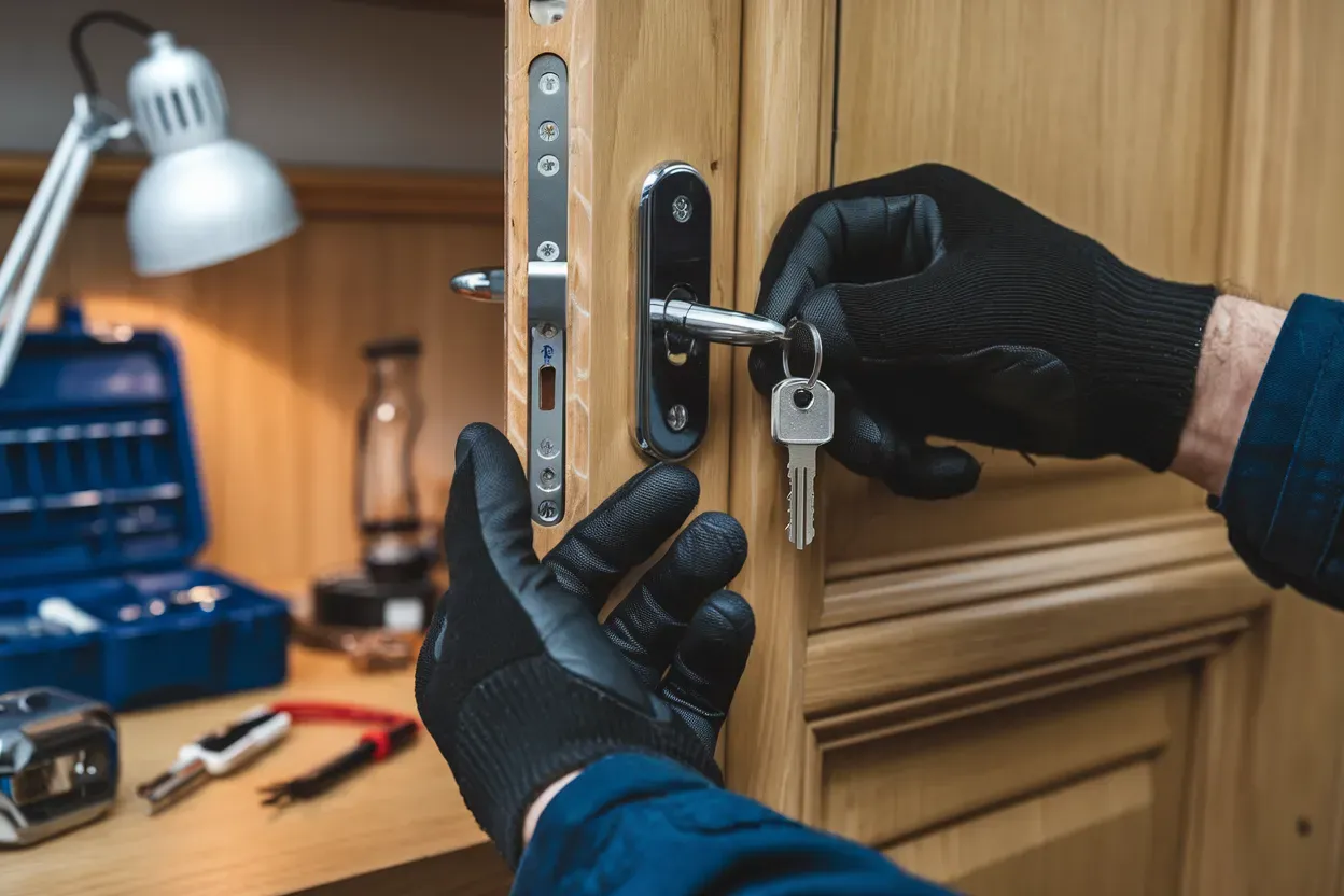 A man is fixing a door with a key.