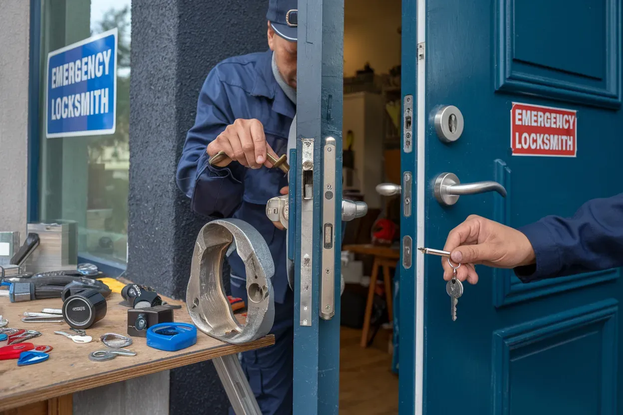 A man is fixing a door with a key.
