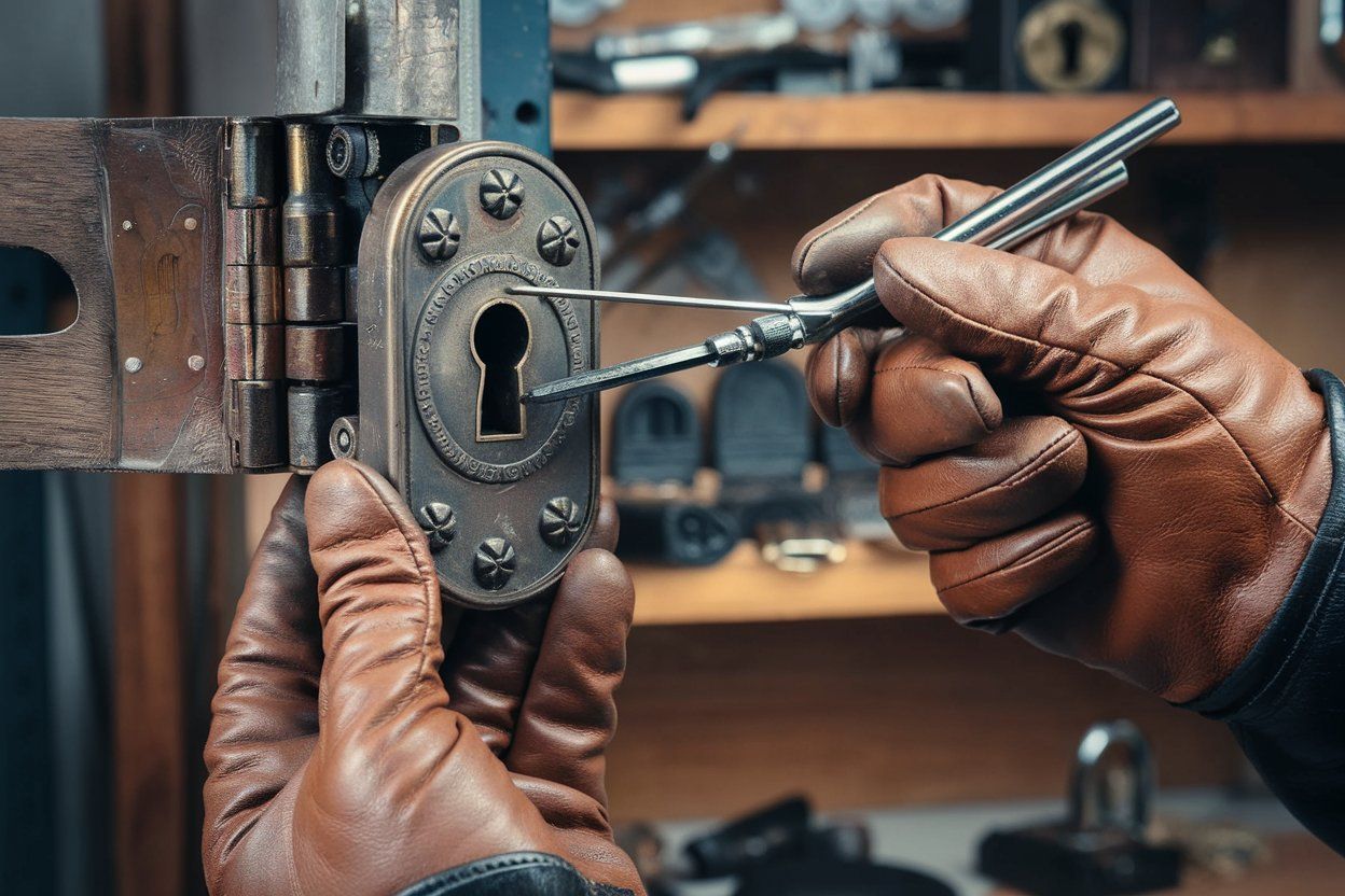 A man is fixing a door with a key.