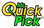Mr. Quick Pick logo: Green and yellow text with a speeding arrow icon.