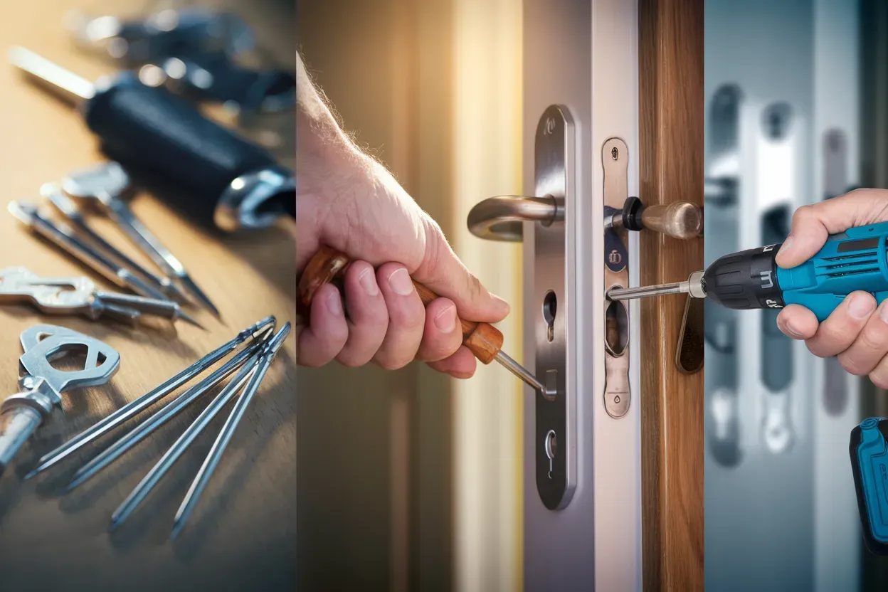 A person is fixing a door with a screwdriver and a drill.