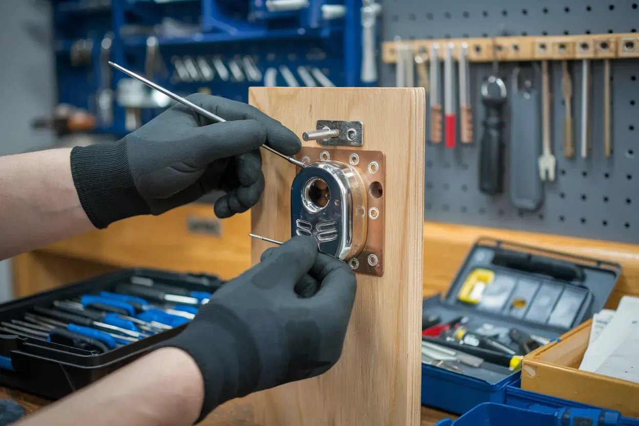 A person is fixing a door with a screwdriver and a drill.