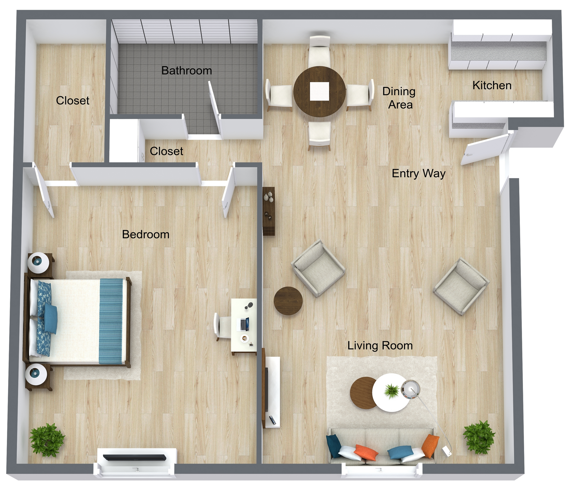 Top-down floor plan of a small apartment with living room, dining area, kitchen, bathroom, closet, and bedroom.