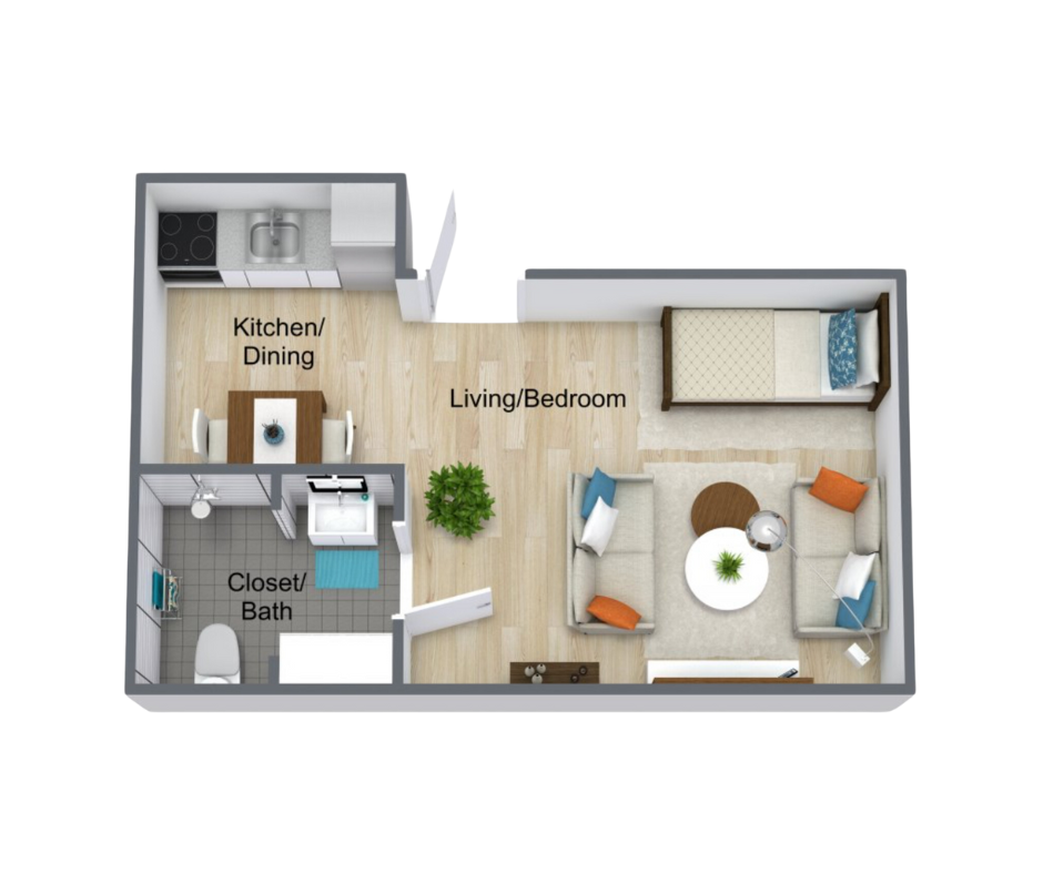 Compact floor plan of a studio apartment with kitchen, bath, living area, and bedroom