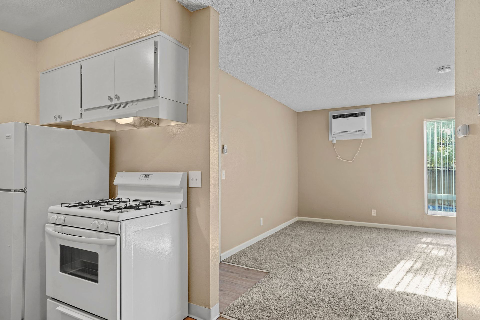 Small empty kitchen and living area with white appliances, beige walls, carpet, and sunlight from a window