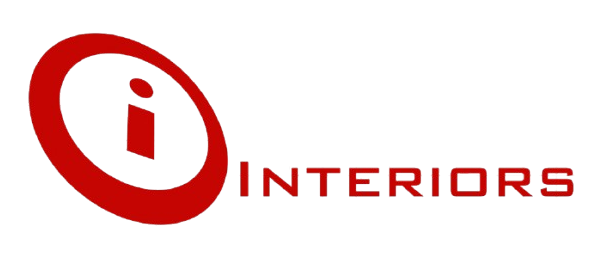 A red and white logo for i interiors
