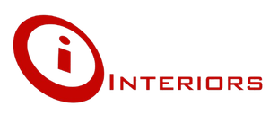 A red and white logo for i interiors