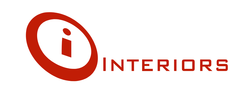 A red and white logo for i interiors