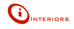 A red circle with the word interiors on it