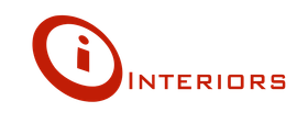 A red and white logo for i interiors