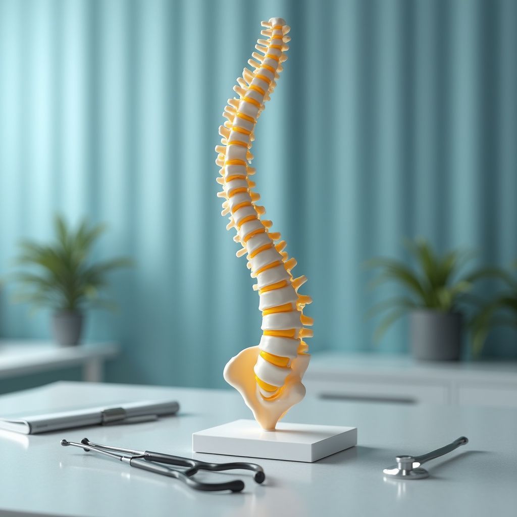 Model of human spine on a desk with medical instruments and plants in a light blue room.