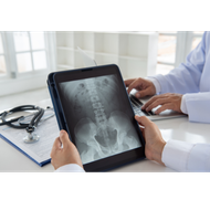 A doctor is looking at an x-ray on a tablet.