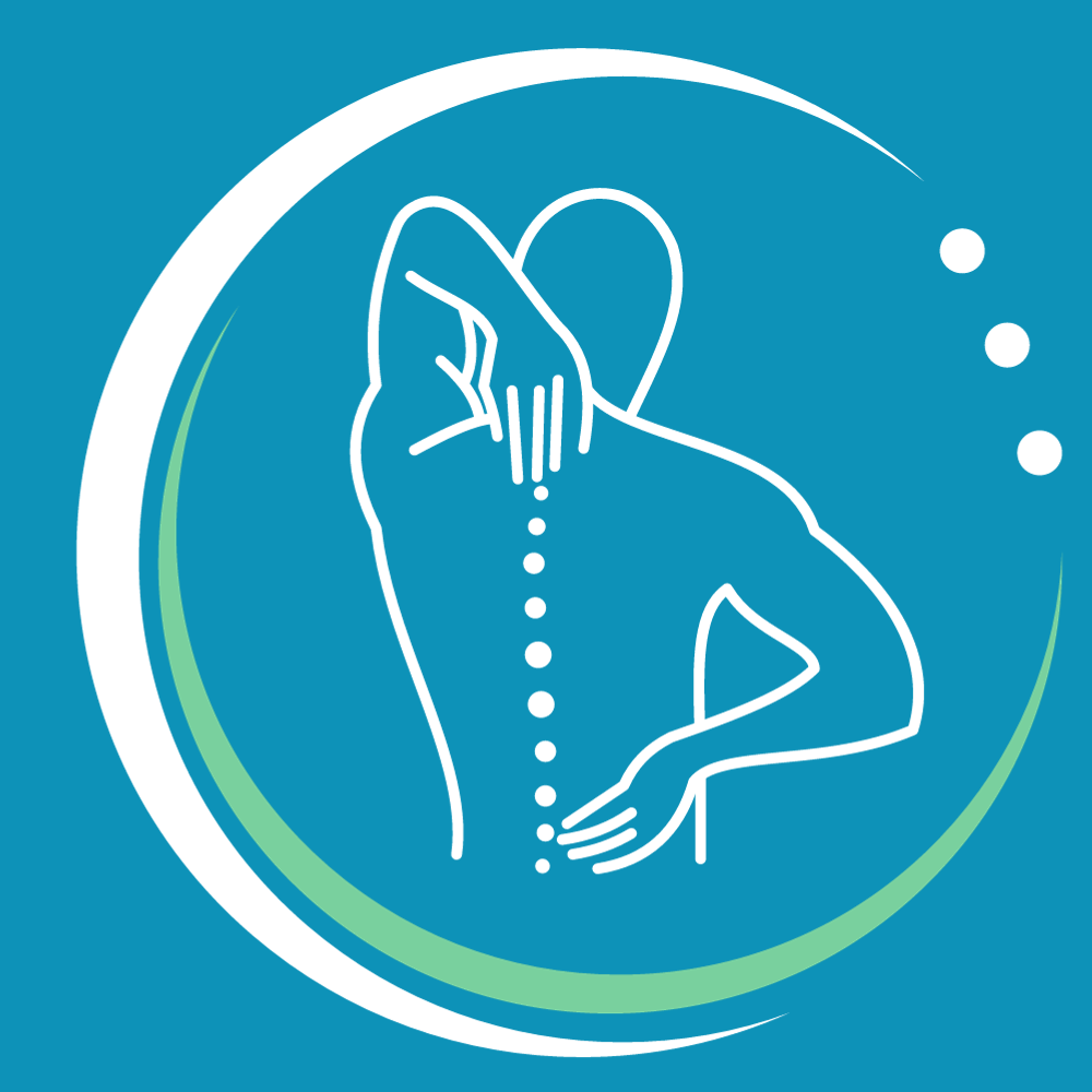 A line drawing of a person holding their back in pain.