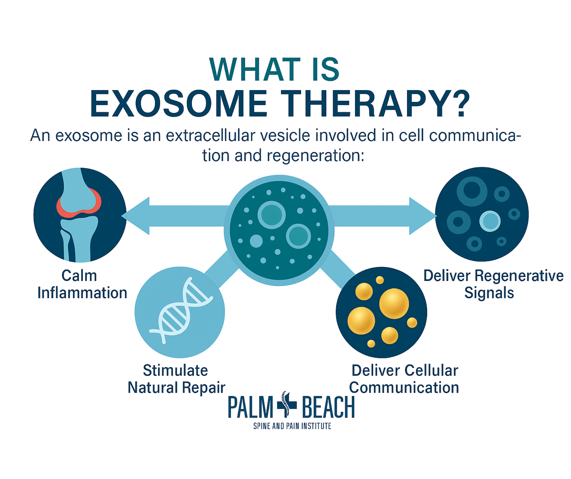 Diagram explaining exosome therapy. Arrows show: reducing inflammation, stimulating repair, delivering signals and communication.