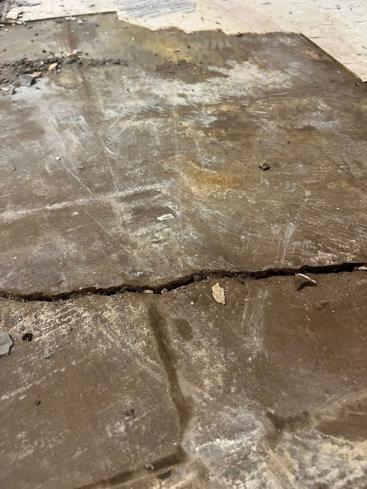 Close-up of a cracked, damp concrete surface. A deep crack runs across the middle. The surface is brown and gray