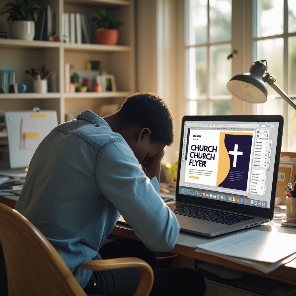 A man is sitting in front of a laptop with a church flyer on the screen - frustrated.