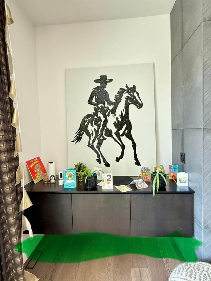 Black cowboy on horse painting over a dark cabinet with books, plants, and cards. Green tulle in front.