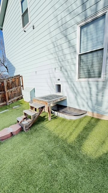Side of a light blue house with a window and a sunken doorway with wooden steps, on green turf lawn.