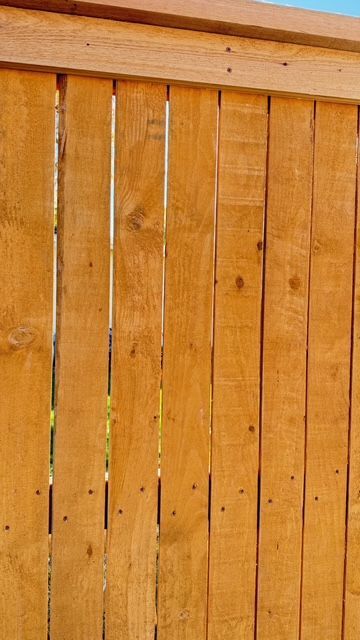 Wooden fence panels, golden brown color. Sunlight casts shadows.