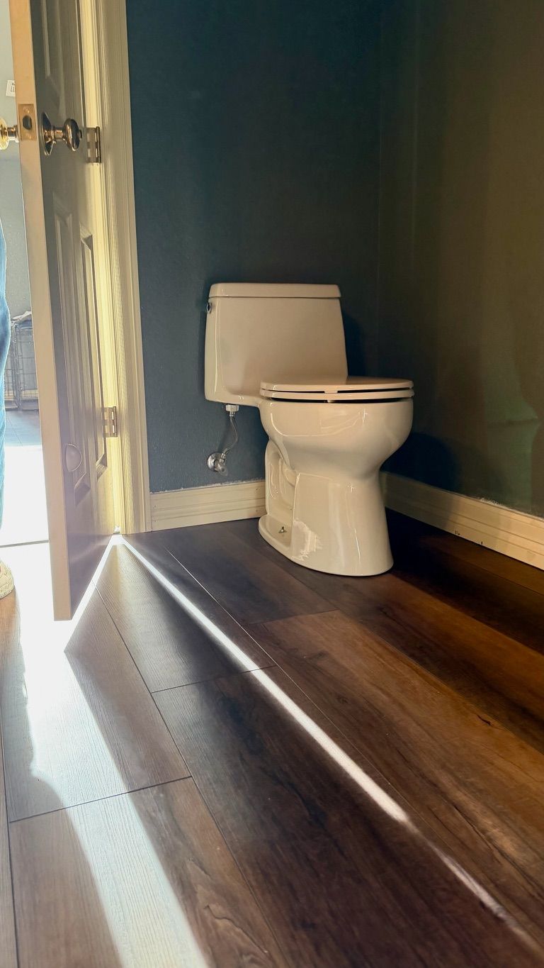 White toilet in a bathroom with dark wood flooring and dark blue-green walls. Doorway to the left with bright sunlight.