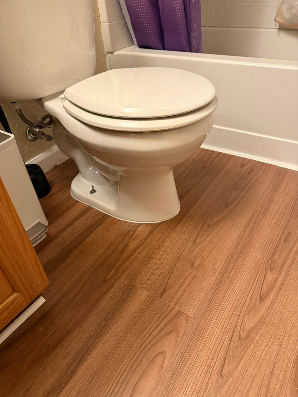 Toilet in a bathroom with wood-look flooring and a bathtub in the background.