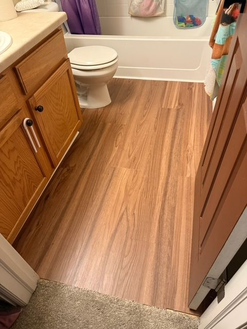 Bathroom with wood-look flooring. Toilet, vanity, partially open door, and shower/tub are visible.