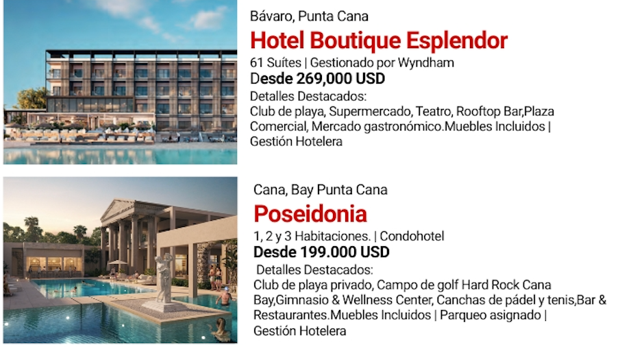 Two hotel advertisements: Hotel Boutique Esplendor and Poseidonia, featuring architectural renderings and details.