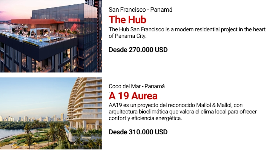 Real estate advertisement: The Hub in Panama City and A19 Aurea in Coco del Mar, Panama. Prices start at $270,000 USD and $310,000 USD.