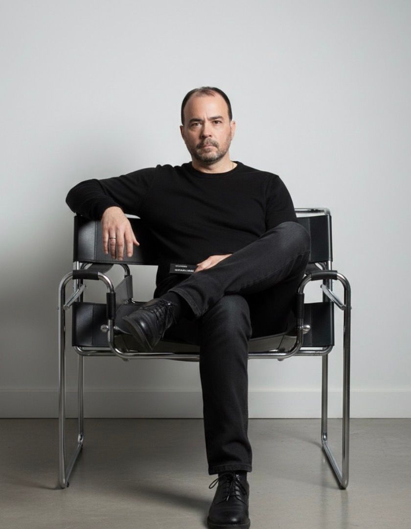 Man in a suit and tie, wearing glasses, smiling, round portrait.