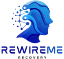 Blue head profile with brain network, "REWIRME" logo.