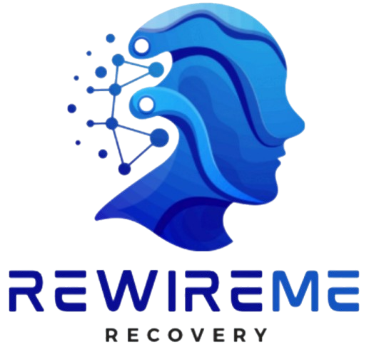 Blue head profile with brain network, "REWIRME" logo.