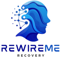 Blue head profile with brain network, "REWIRME" logo.