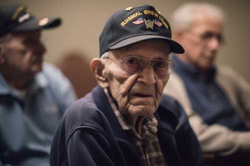 An elderly man wearing a hat and glasses is sitting in a room with other men.