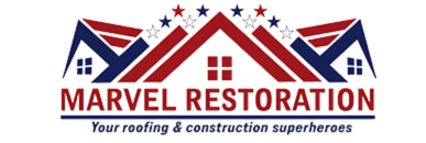 Marvel Restoration logo: red, white, and blue houses, text "Marvel Restoration," and tagline "Your roofing & construction superheroes."