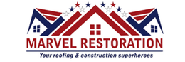 Marvel Restoration logo: red, white, and blue houses, text "Marvel Restoration," and tagline "Your roofing & construction superheroes."