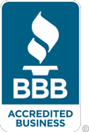 BBB Accredited Business logo: white flame over a blue square with