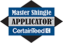 Blue and silver Master Shingle Applicator logo with the CertainTeed brand name, set on a dark diamond.