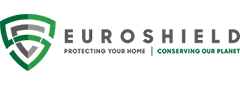 Euroshield logo: green shield with gray accents; "Euroshield" text, tagline "protecting your home | conserving our planet".