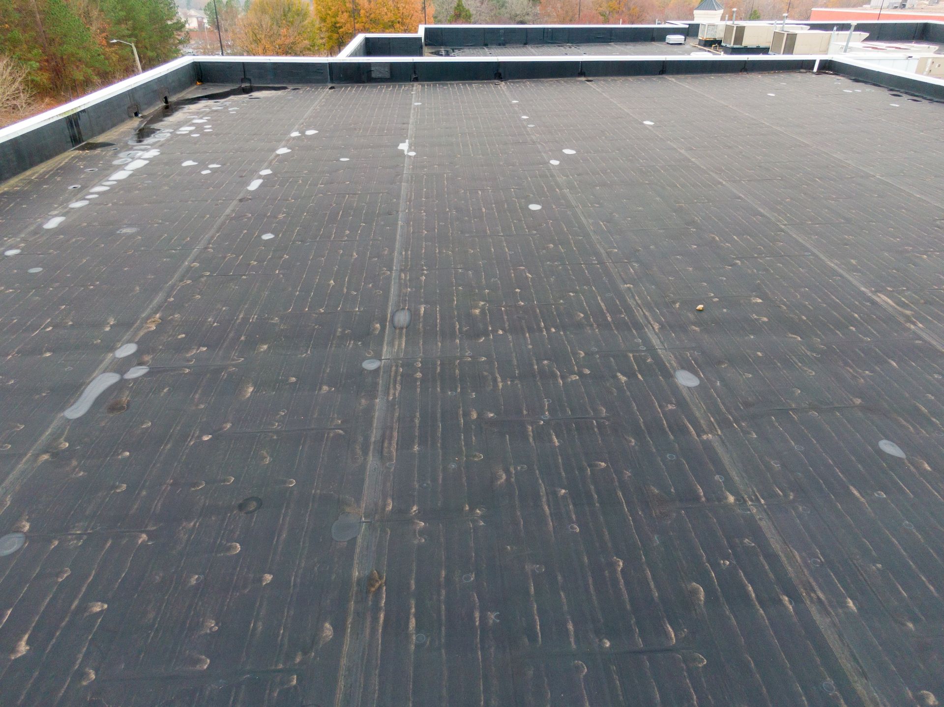Flat, dark roof with water droplets and parallel lines, possibly tar. Buildings and trees in background.