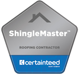 ShingleMaster roofing contractor badge. Silver and blue with CertainTeed logo and house icon.