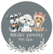 Logo: Three cartoon dogs, gray background, 