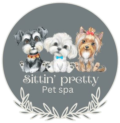 Logo: Three cartoon dogs, gray background, 