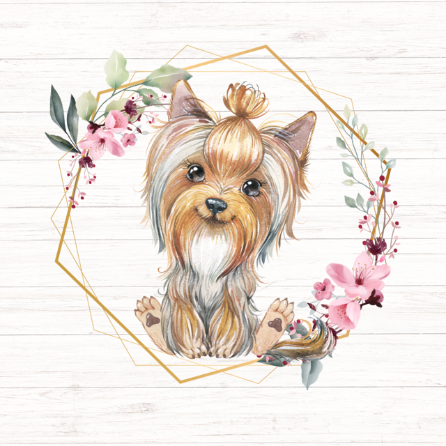 Yorkshire Terrier puppy with floral and gold geometric frame.
