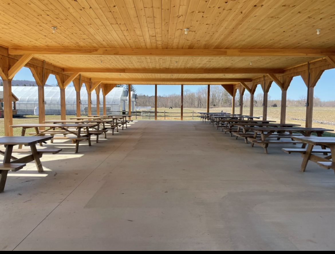 A row of picnic tables under a wooden roof