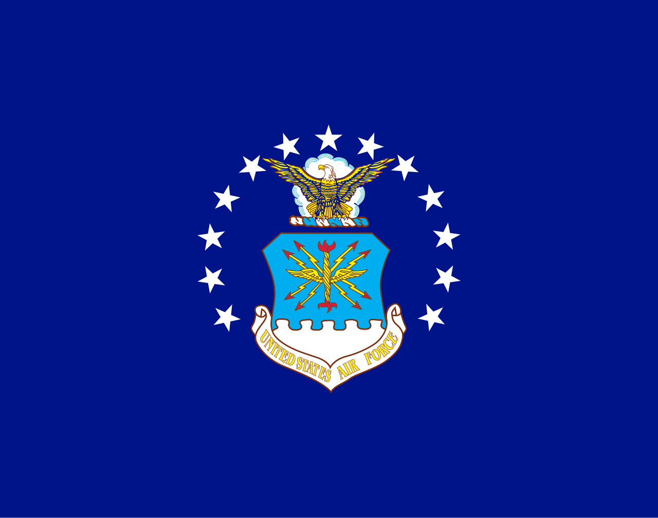 US Air Force flag with a blue field and the Air Force emblem in the center, surrounded by stars.