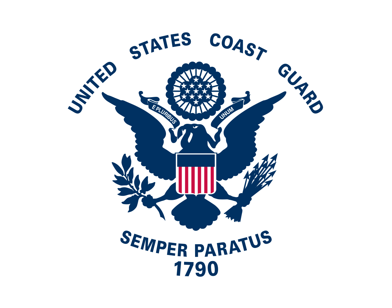 U.S. Coast Guard emblem with eagle, shield, and text "Semper Paratus" on white background.