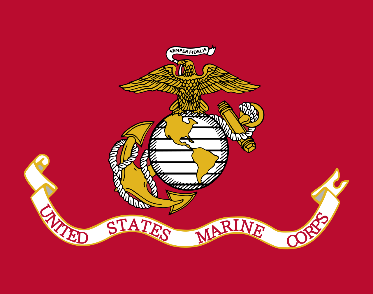 US Marine Corps flag with eagle, globe, and anchor emblem on a red background.